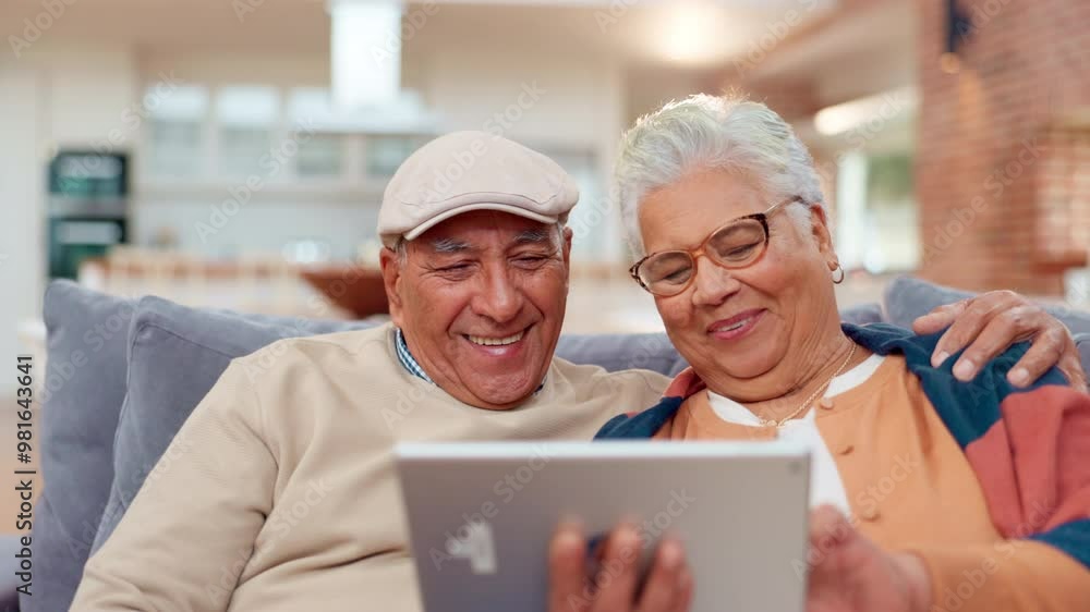 Sticker Laughing, tablet and senior couple on sofa for fun streaming, news website or social media memory in home. Smile, old man and woman on couch together with digital app for happy bonding, love or relax