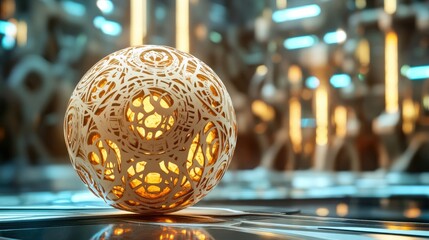 Abstract globe intricately carved with signs of merit, set against a futuristic background with glowing geometric patterns