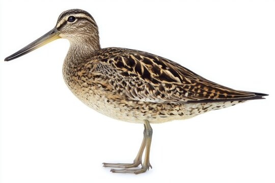 elegant bird stands near tranquil waters, highlighting its distinctive long beak and spotted feathers. The common snipe embodies nature&rsquo;s artistry in isolation.