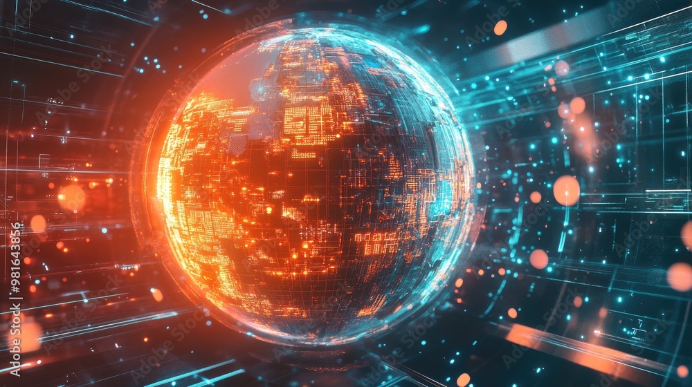 Poster futuristic abstract globe, intricately covered with signs of merit, glowing against a high-tech back