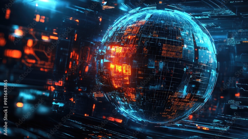 Poster futuristic abstract globe, intricately covered with signs of merit, glowing against a high-tech back