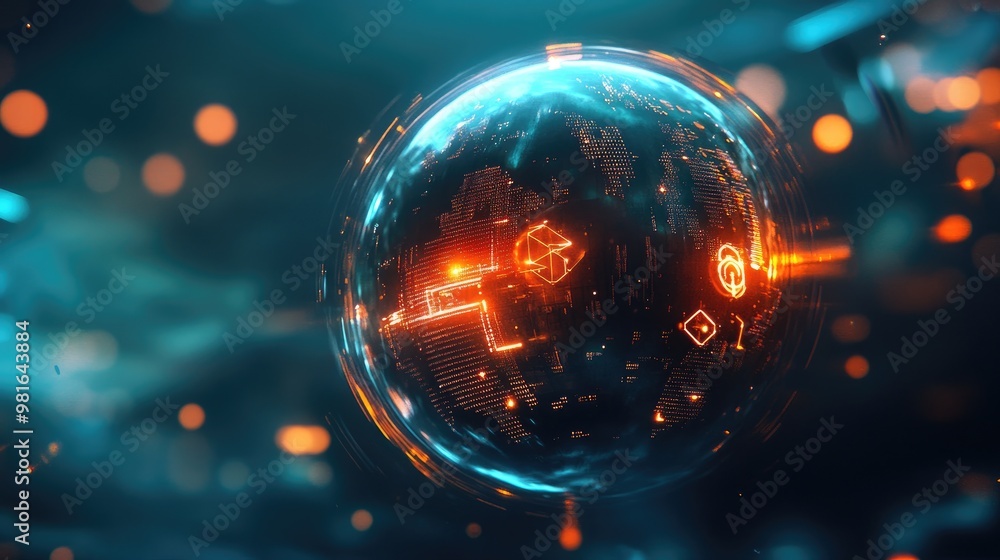 Poster futuristic abstract globe with intricate merit symbols embedded within, glowing softly on a dynamic,