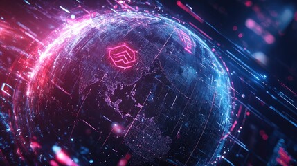 Complex abstract globe featuring merit symbols, set in a futuristic digital environment filled with glowing lines and neon accents