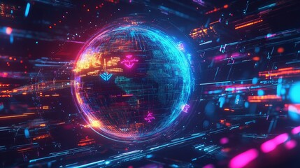 Fototapeta premium Futuristic abstract globe with detailed merit symbols, glowing on a high-tech background filled with vibrant neon lines and textures