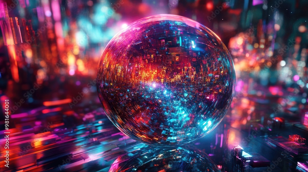 Poster intricate abstract globe infused with merit symbols, set in a futuristic scene of vibrant colors and