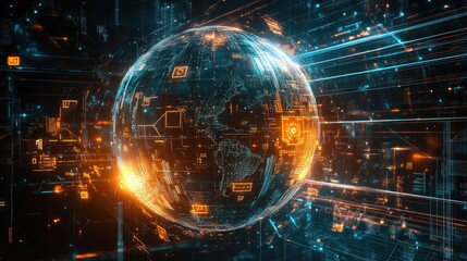 Intricate abstract globe featuring signs of merit, surrounded by a futuristic background with glowing lines and digital designs