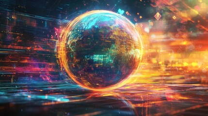 Intricate abstract globe infused with merit symbols, set in a futuristic scene of vibrant colors and digital light patterns