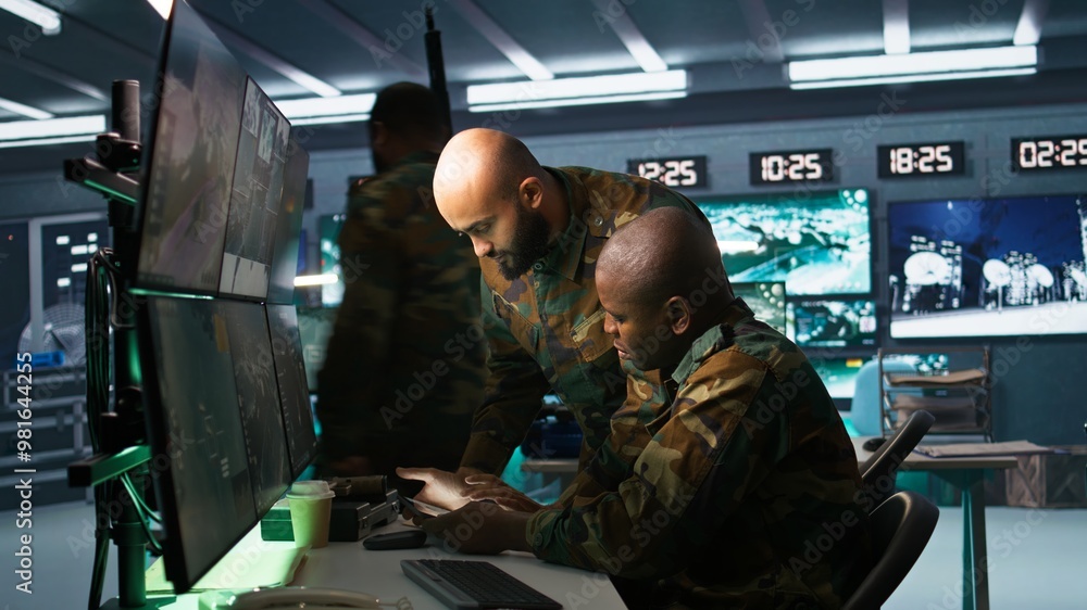 Poster military dispatcher helped by coworker with tablet to gain info from army intelligence analysts. arm