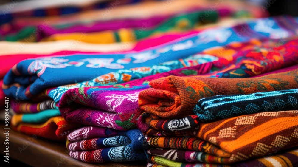 Poster a vibrant stack of colorful fabrics, each with intricate patterns and textures, creates a visually c