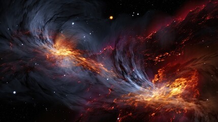 A vibrant nebula in deep space, swirling with colors of red, orange, and blue.