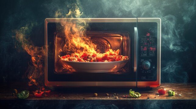 A microwave oven is on and the food inside is burning