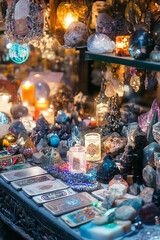 Fototapeta premium Astrology. Astro Astrologer calculates natal chart makes forecast of fate Tarot cards, Fortune telling on tarot cards magic crystal, occultism, Esoteric background. Fortune telling,tarot predictions