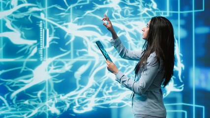 Computer scientist using artificial intelligence computing simulating human brain thought...