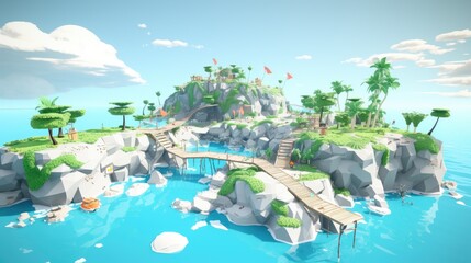 A whimsical island paradise with a wooden bridge connecting the rocky shores. Lush greenery and palm trees create a tropical escape.