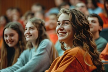 Fototapeta premium A group of people are sitting in a classroom, smiling and laughing generative ai