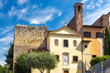 Historic buldings in street of Verona town, Italy, Europe.