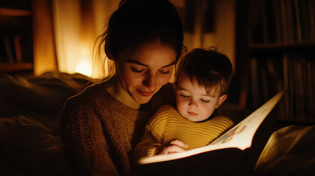 Intimate scene of a parent reading a bedtime story to a young child, with the warm glow of a bedside lamp