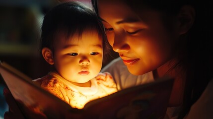 Intimate scene of a parent reading a bedtime story to a young child, with the warm glow of a bedside lamp