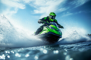 Wearing black and green gear, the rider races a sleek jet ski, spraying water with a clear sky and distant land behind.