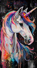 Illustration of Bright majestic Unicorn, with colorful background. Mythical Animals Concept.