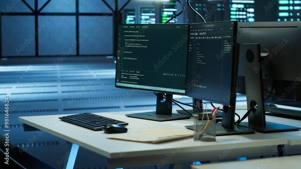 Poster computers in data center used for monitoring security attacks threatening supercomputers rows. pcs u