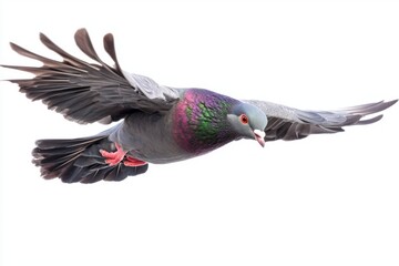 Fototapeta premium vibrant pigeon flaps its wings vigorously as it glides effortlessly, showcasing its beauty in a striking display of flight against a white canvas.