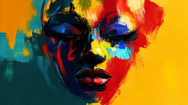 Dynamic abstract expressionism style festival mask, with bold brushstrokes and creative forms. Expressionism. Illustration