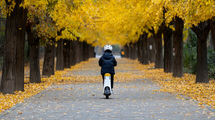 Obraz premium A person rides an electric scooter along a tree-lined road with golden fall leaves. A peaceful ride through tree-lined streets, electric scooters glide through autumn's golden leaves.