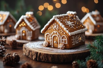 Christmas gingerbread houses on wooden table with bokeh background.. Pastries in the form of houses. Festive scene with holiday pastries. Christmas and New Year background.