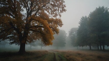 Obraz premium Foggy autumn forest in the morning, filled with vibrant leaves and soft fall mist, forming a picturesque autumn woods landscape.