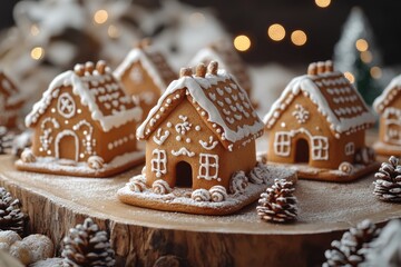 Christmas gingerbread houses on wooden table with bokeh background.. Pastries in the form of houses. Festive scene with holiday pastries. Christmas and New Year background.