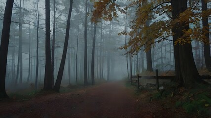 Naklejka premium Foggy autumn forest in the morning, with colorful leaves and gentle fall mist, creating a beautiful autumn woods landscape.