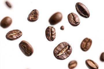 Coffee beans falling in the air isolated on a white background. Coffee beans flying, ai
