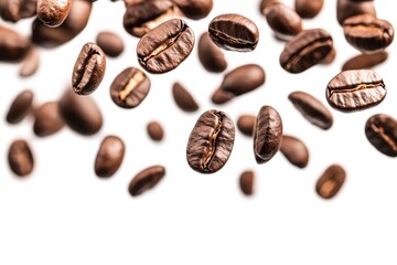 Coffee beans falling in the air isolated on a white background. Coffee beans flying, ai