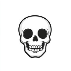 Classic flat design of a grinning skull with hollow eyes, rendered in simple white and black, centered on a crisp white background.