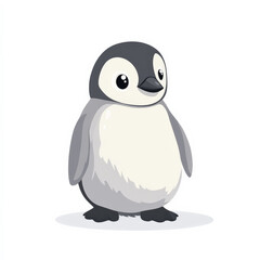 Obraz premium Flat illustration of a waddling penguin chick, with soft gray and white tones, isolated on a white background.