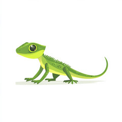 Fototapeta premium Flat illustration of a small lizard crawling, featuring bright green tones and minimalistic details, isolated on white.