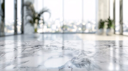 White stone marble table top with a blurred abstract background from interior building; suitable for display or product montage