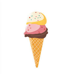 Flat design of an ice cream cone with two scoops, rendered in a clean, colorful style on a white background.