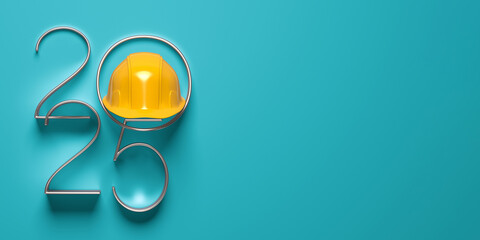 2025 New Year design template with yellow protective helmet. 3D render illustration.