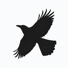 Obraz premium A flat-designed black raven in flight, rendered in simple black tones, centered on a crisp white background for a classic Halloween feel.