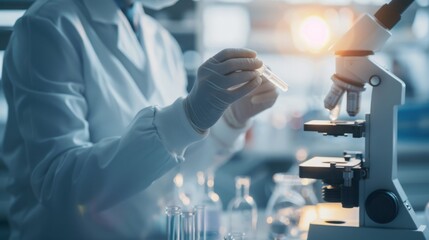 Scientist in lab coat holding vial ofexperimental drug, with microscope and scientific equipment, symbolizing drug trials and medical researchprocess