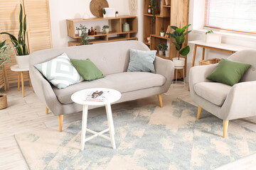 Interior of living room with sofa, armchair and shelf units