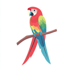 Fototapeta premium Flat design of a vibrant parrot perched on a branch, with bold red, blue, and green feathers, on a white background.