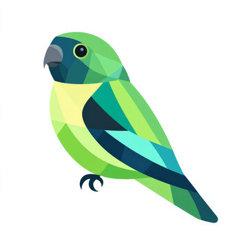 Flat design of a parrotlet bird perched, featuring clean shapes in bold green and blue tones, isolated on white.
