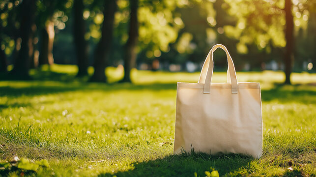 Tote bag mockup concept image with a blank tote bag sitting outside in a park on sunny day for the large sturdy cloth unfastened bag with parallel handles with copy space