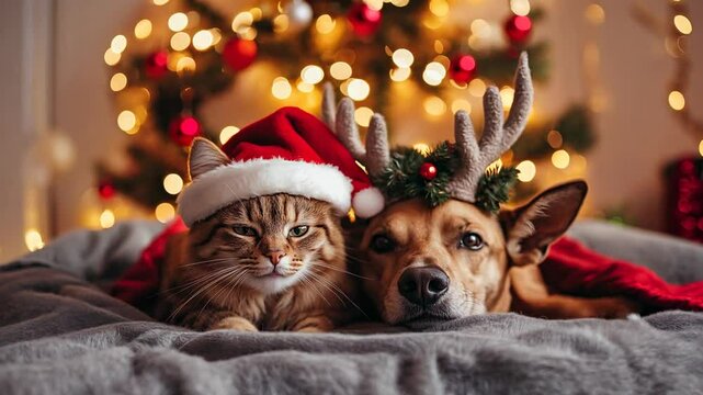 Two adorable pets don festive holiday hats while relaxing together in a warm and inviting indoor space decorated for Christmas with twinkling lights.