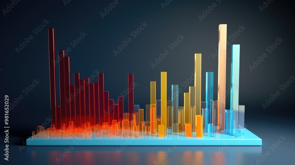 Poster abstract colorful glass bars on a blue platform. the bars are arranged in a random pattern and creat