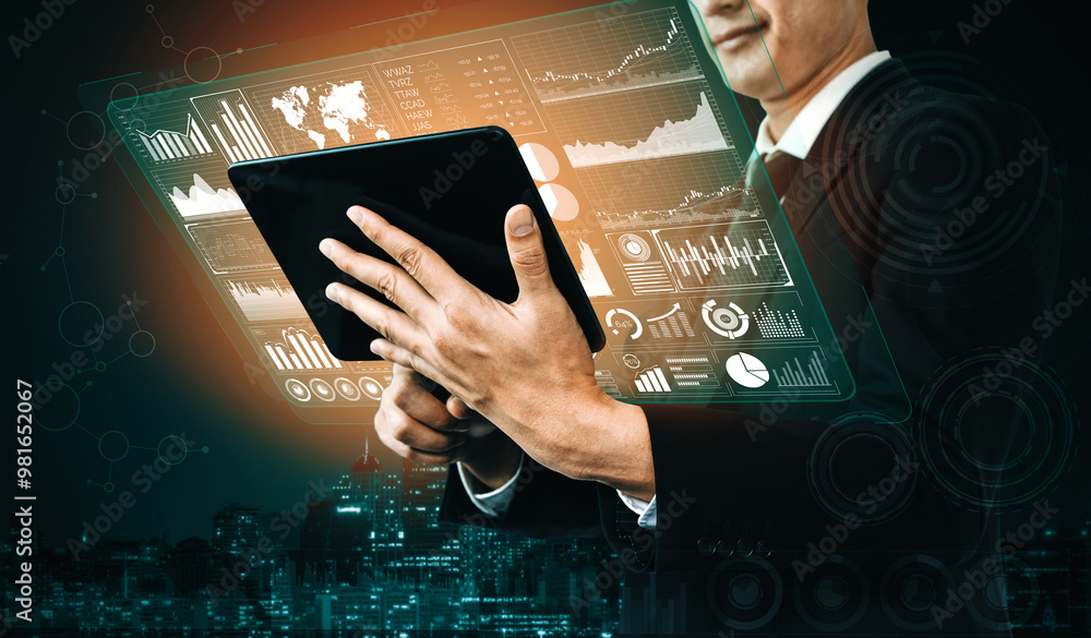 Poster big data technology for business finance analytic concept. modern interface shows massive informatio