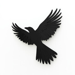 Obraz premium A flat-designed black raven in flight, rendered in simple black tones, centered on a crisp white background for a classic Halloween feel.
